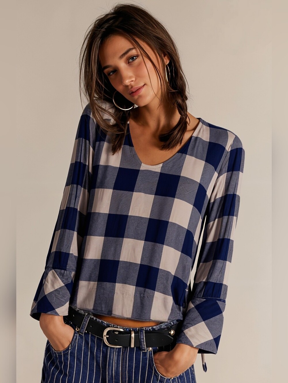 Anthropologie Navy and Cream Plaid Long Sleeve Tee